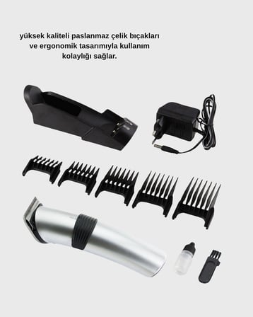 Profesyonel Şarjlı Saç ve Sakal Kesme Makinesi – Paslanmaz Çelik Bıçaklı, Ergonomik ve Sessiz Motorl