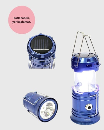 Şarj Edilebilir Güneş Enerjili Kızaklı Kamp Feneri – USB Çıkışlı, Katlanabilir, Dayanıklı ve Çok Fon