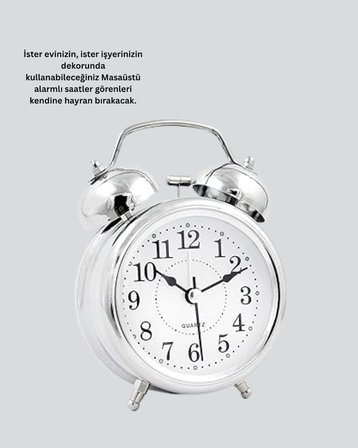 Gümüş Renkli Sessiz Işıklı Dekoratif Masa Üstü Çalar Saat Alarmlı - Lisinya