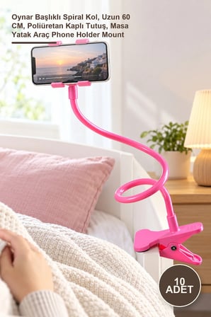 10 Adet Pembe Akrobat Telefon Tutucu – Oynar Başlıklı Spiral Kol, Uzun 60 CM, Poliüretan Kaplı Tutuş, Masa Yatak Araç Phone Holder Mount