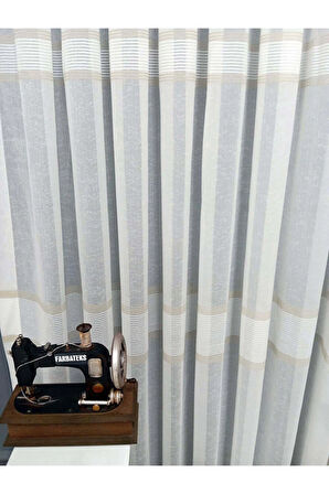 Farbateks Dikim Lizvon Bej Vizon Kahverengi Cizgili 1/2 Kat Pileli Tül Perde