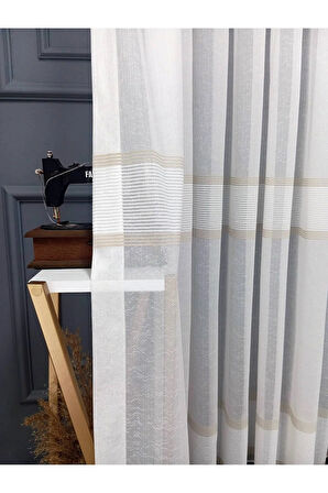 Farbateks Dikim Lizvon Bej Vizon Kahverengi Cizgili 1/2 Kat Pileli Tül Perde