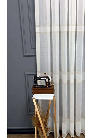 Farbateks Dikim Lizvon Bej Vizon Kahverengi Cizgili 1/2 Kat Pileli Tül Perde