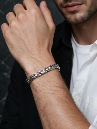 Erkek Gümüş Örgü Detaylı Metal Bileklik
