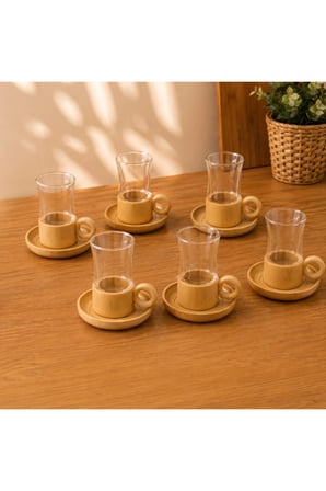 3 Adet Çay Seti – Çift Cidarlı 150 ML Cam Bardaklar, Doğal Bambu Altlıklar, Misafir Sunumu, Ev Ve Ofis Kullanımı, Tea Set, Double Wall Glass