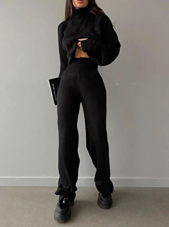 LAJESTE Crop El Geçmeli Balıkçı Yaka Kazak ve Yüksek Bel Triko Pantolon Alt Üst Siyah Triko Takım