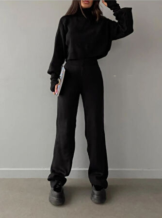 LAJESTE Crop El Geçmeli Balıkçı Yaka Kazak ve Yüksek Bel Triko Pantolon Alt Üst Siyah Triko Takım