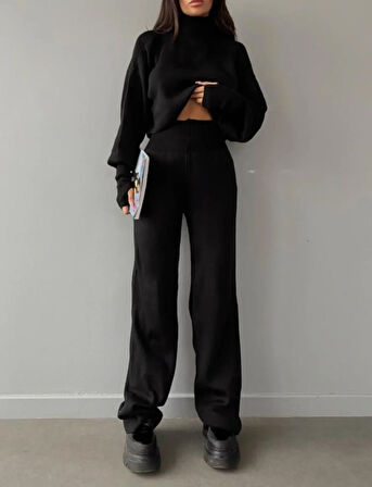 LAJESTE Crop El Geçmeli Balıkçı Yaka Kazak ve Yüksek Bel Triko Pantolon Alt Üst Siyah Triko Takım