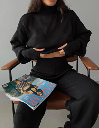 LAJESTE Crop El Geçmeli Balıkçı Yaka Kazak ve Yüksek Bel Triko Pantolon Alt Üst Siyah Triko Takım