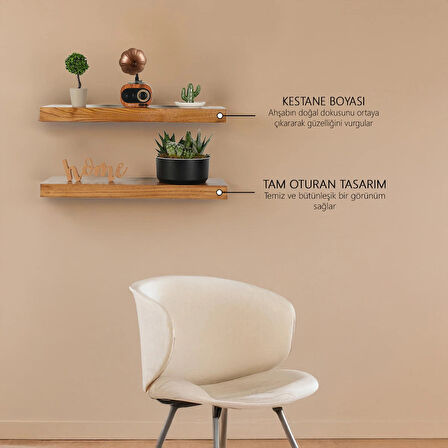 Uçan Raf Çam Ahşap Masif Ofis Mutfak Salon Kitaplık Uyumlu Modern Dekoratif Gizli Bağlantılı 2'li 60 Cm