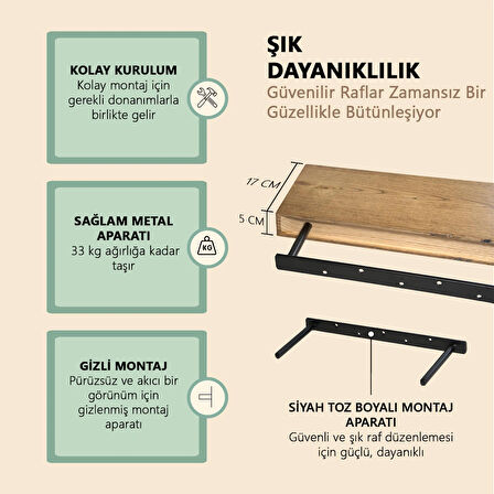 Uçan Raf Çam Ahşap Masif Ofis Mutfak Salon Kitaplık Uyumlu Modern Dekoratif Gizli Bağlantılı 2'li 60 Cm