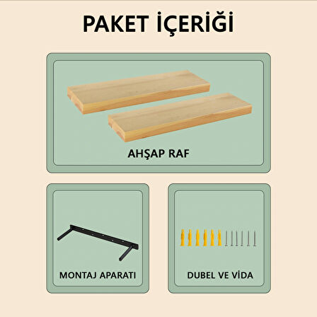 Uçan Raf Çam Ahşap Masif Ofis Mutfak Salon Kitaplık Uyumlu Modern Dekoratif Gizli Bağlantılı 2'li 60 Cm