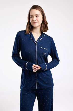 Kadın Gömlek Yaka Önden Düğmeli Pijama Takım-8986