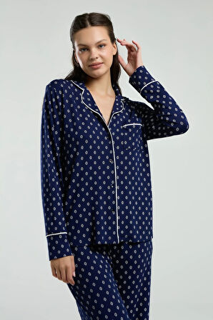 Viskon & Likralı, Önden Düğmeli, Uzun Kollu, Gömlek Yaka, Cepli, Kadın Pijama Takımı -8950