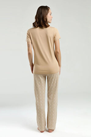 Kadın Sade Yazlık Kısa Kol Desenli Uzun Pantolon Pijama Takımı (Battal Beden Vardır)