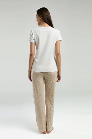 Kadın Sade Yazlık Kısa Kol Desenli Uzun Pantolon Pijama Takımı (Battal Beden Vardır)