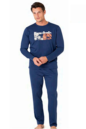 6096 Erkek İndigo Uzun Kollu Bisiklet Yaka Pijama Takımı