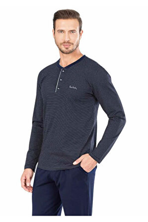 5656 Uzun Kollu Pamuklu Erkek Pijama Takımı-Lacivert