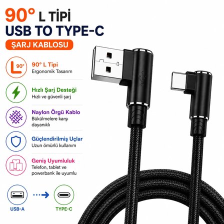 90° L Tipi USB To Type-C Şarj Kablosu Kırılmaya Karşı Dayanıklı