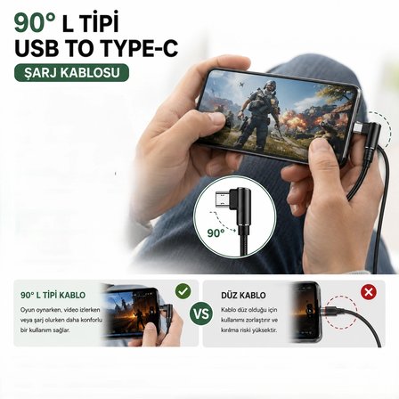 90° L Tipi USB To Type-C Şarj Kablosu Kırılmaya Karşı Dayanıklı