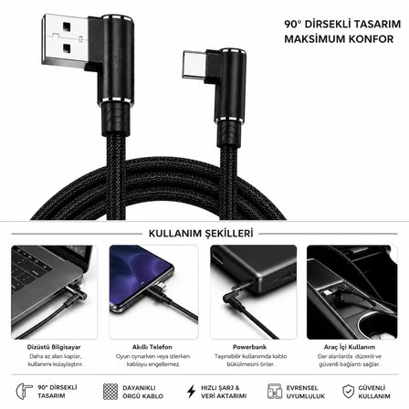 90° L Tipi USB To Type-C Şarj Kablosu Kırılmaya Karşı Dayanıklı