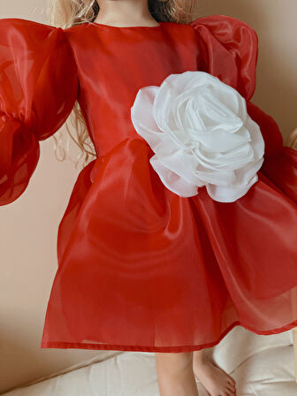 Rose Kırmızı  Şifon Kız Çocuk Parti Elbisesi