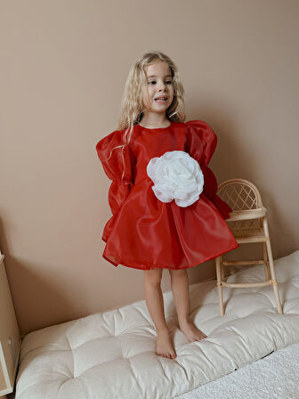 Rose Kırmızı  Şifon Kız Çocuk Parti Elbisesi
