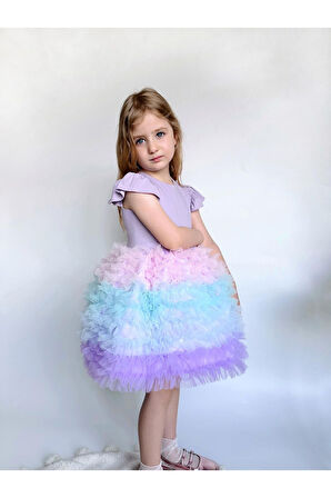 Rainbow Tütü Etekli Kısa Kollu Çocuk Elbisesi