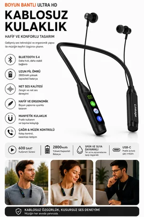 Boyun Bantlı Ultra HD Bluetooth Kablosuz Kulaklık | Type-C | Dijital Ekran | TF Kart | 2800 mAh 600 Saat