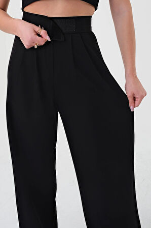 Kadın Siyah Yüksek Bel Cırtlı Palazzo Pantolon