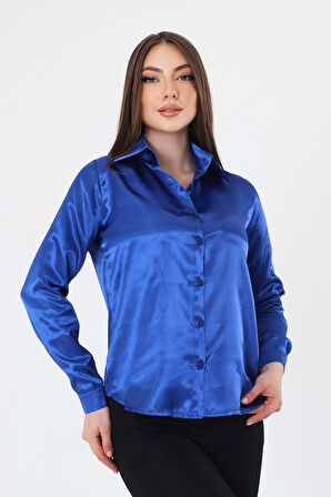 Kadın Hafif Dökümlü Sax Mavi Saten Gömlek