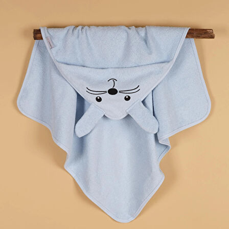 Lawon Kids %100 Pamuk Tavşan Desen Nakışlı ve Kese Hediyeli Bebek Havlu Kundak *Bebe Mavisi