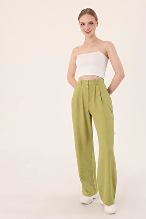 Kadın Yağ Yeşili Yüksek Bel Keten Palazzo Pantolon