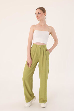 Kadın Yağ Yeşili Yüksek Bel Keten Palazzo Pantolon
