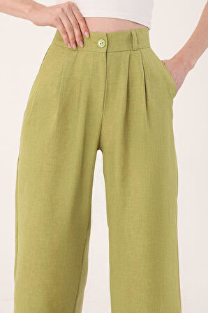 Kadın Yağ Yeşili Yüksek Bel Keten Palazzo Pantolon