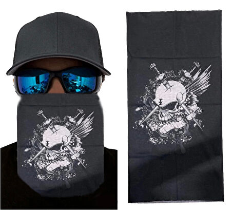 Siyah Renk Üzeri Likralı Beyaz Kafatası Kuru Kafa Baskılı Baf Buff Bandana 25x4