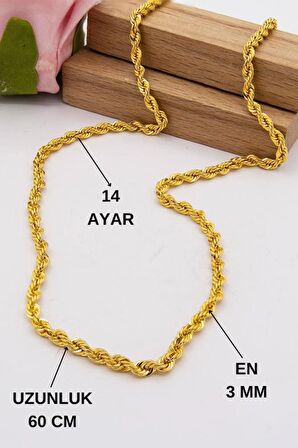 14 Ayar Altın Zincir 3 mm Halat Zincir 60 cm Uzunluk Kadın Kolye