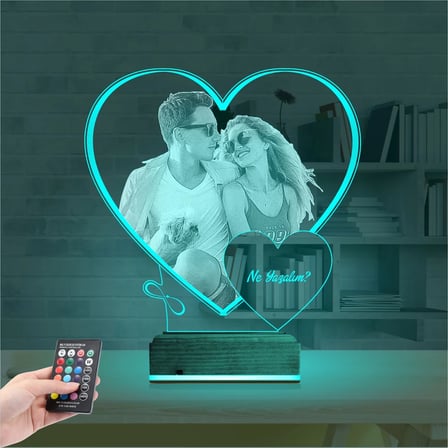 Kalp Sevgiliye Hediye Fotoğraflı 3D Lamba - Masa Gece Lambası