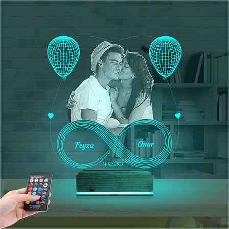 Kalp Balon Sevgiliye Hediye Fotoğraflı 3D Lamba - Masa Gece Lambası