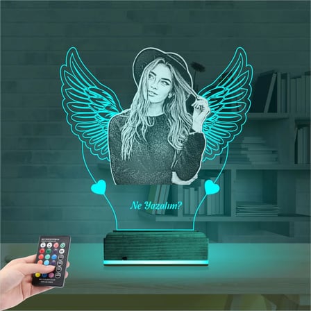 Kalp Melek Sevgiliye Hediye Fotoğraflı 3D Lamba - Masa Gece Lambası
