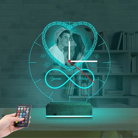 Kalp Sevgiliye Hediye V2 Fotoğraflı Saatli 3D Lamba - Masa Gece Lambası