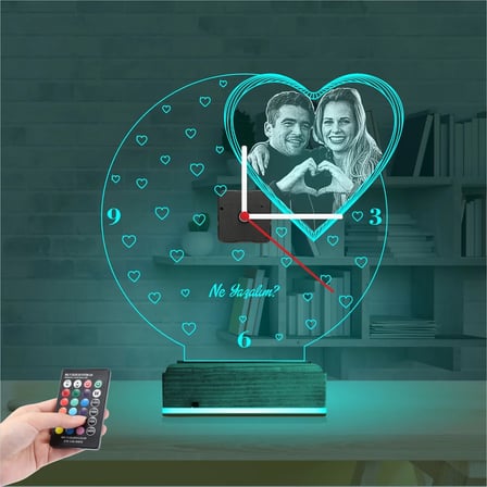Kalp Sevgiliye Hediye V3 Fotoğraflı Saatli 3D Lamba - Masa Gece Lambası