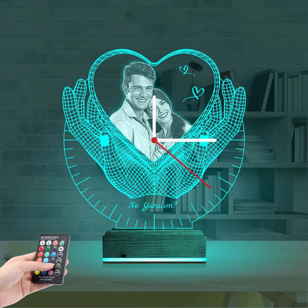 Kalp Sevgiliye Hediye V5 Fotoğraflı Saatli 3D Lamba - Masa Gece Lambası