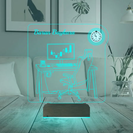 Bilgisayar Trader Borsacı Broker Kişiye Özel Metal Saatli 3D Lamba - Masa Gece Lambası