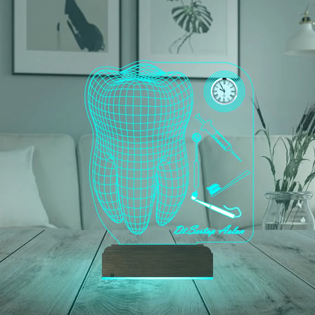 Diş Doktoru Hediye Diş Hekimi İmplant Kişiye Özel Metal Saatli 3D Lamba - Masa Gece Lambası
