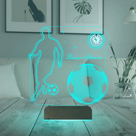 Futbolcu Hediye Ronaldo Taraftar Futbol Topu Kişiye Özel Metal Saatli 3D Lamba - Masa Gece Lambası