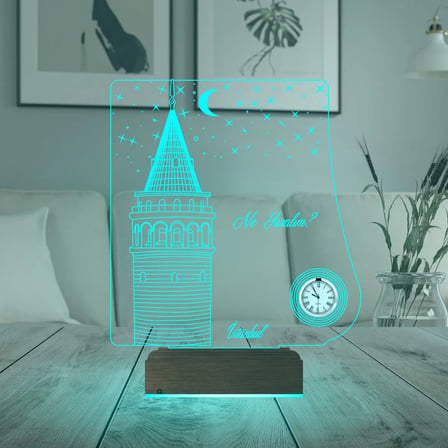 İstanbul Galata Kulesi Kişiye Özel Metal Saatli 3D Lamba - Masa Gece Lambası