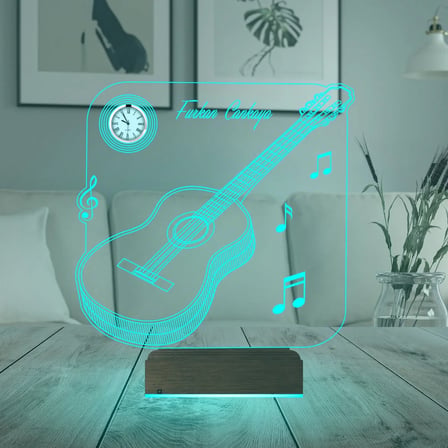 Klasik Gitar Müzik Nota Gitarist Kişiye Özel Metal Saatli 3D Lamba - Masa Gece Lambası