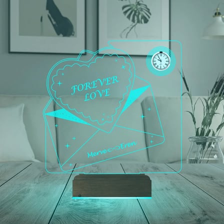 Kalp Forever Love Sevgiliye Hediye Zarf Mesajlı Kişiye Özel Metal Saatli 3D Lamba - Masa Gece Lambası