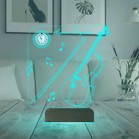 Keman Müzik Nota Müzisyen Hediye Kişiye Özel Metal Saatli 3D Lamba - Masa Gece Lambası
